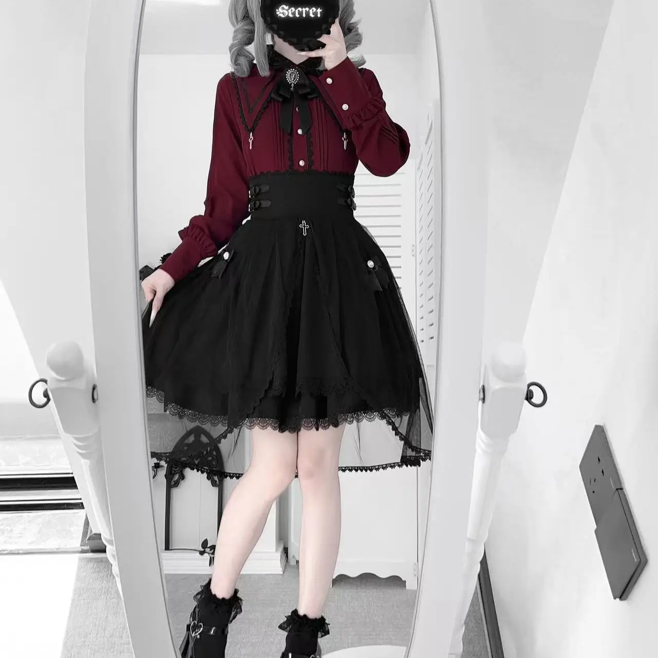 Coalfell Original Lolita Gothic Japanese French Doll Collar Ruffle Lace Shirt Set Two Piece Set