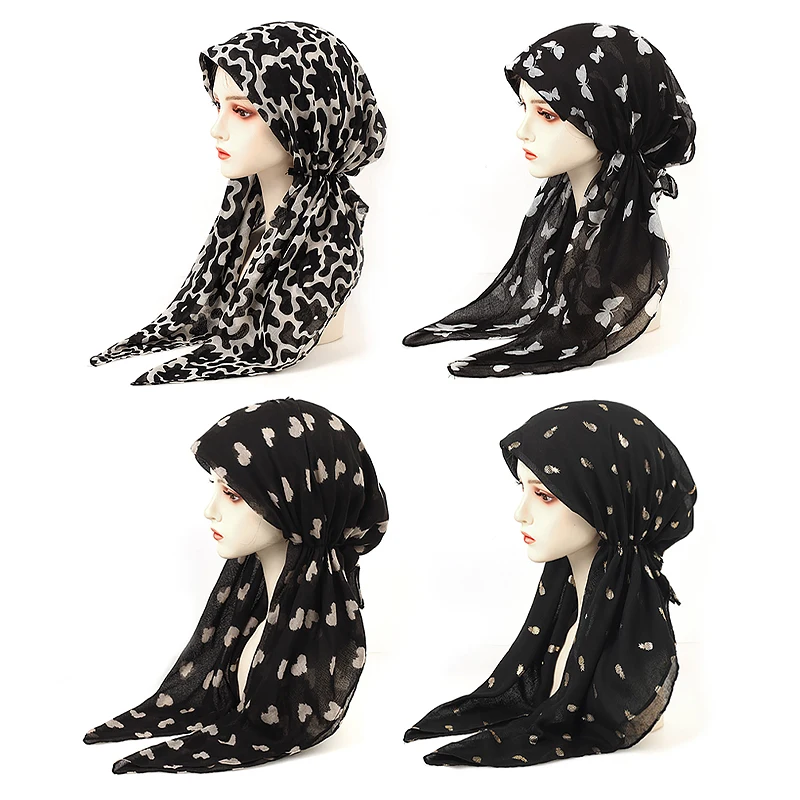 Fashion Women Muslim Hijab Print Turban Hat Pre Tied Scarf Hair Loss Head Scarf Muslim Headwrap Pretied Bandana Turbante Mujer