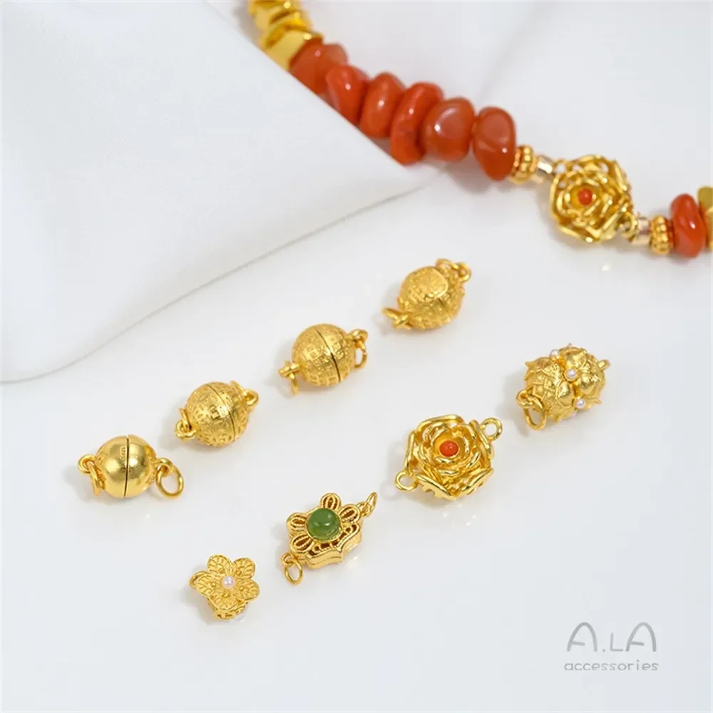 

K418 S925 Silver Plated 24K Real Gold Magnetic Clasp Ancient Jadeite Round Magnetic Clasp Diy Jewelry Connection Accessory