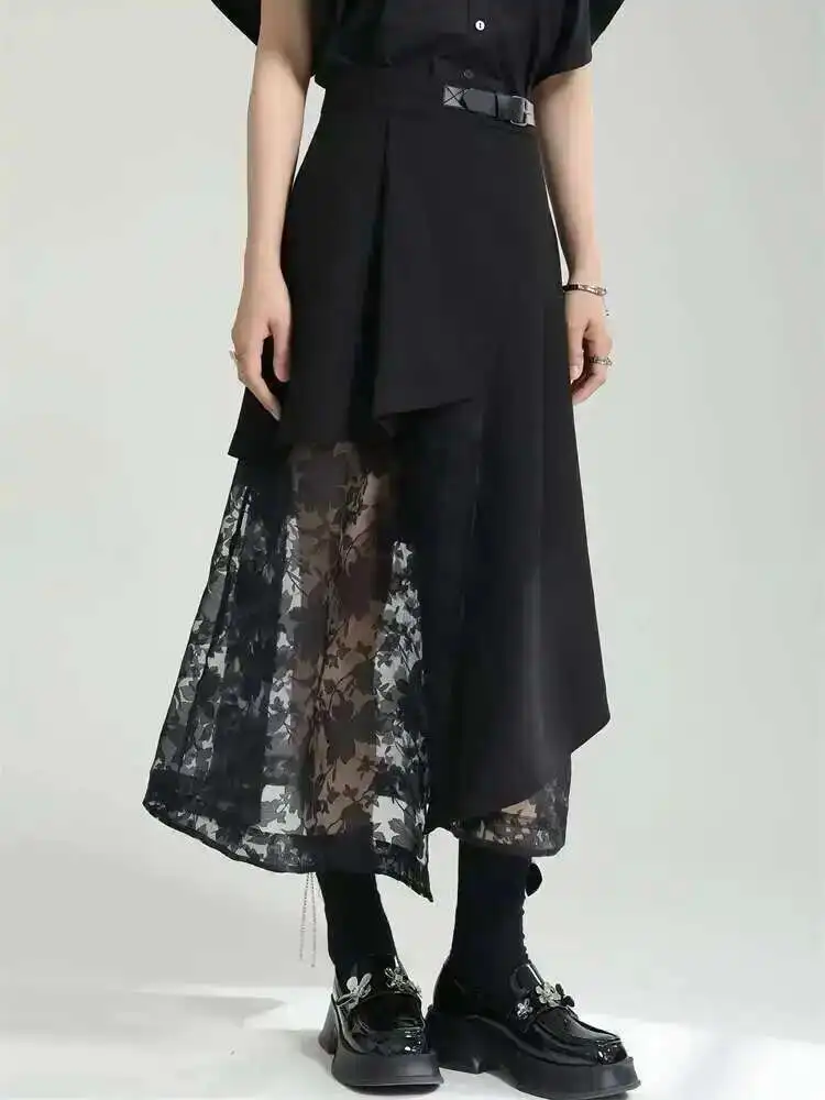 High Elastic Waist Black Spliced Mesh Irregular Casual Half-body Skirt Women Fashion Tide New Spring Autumn