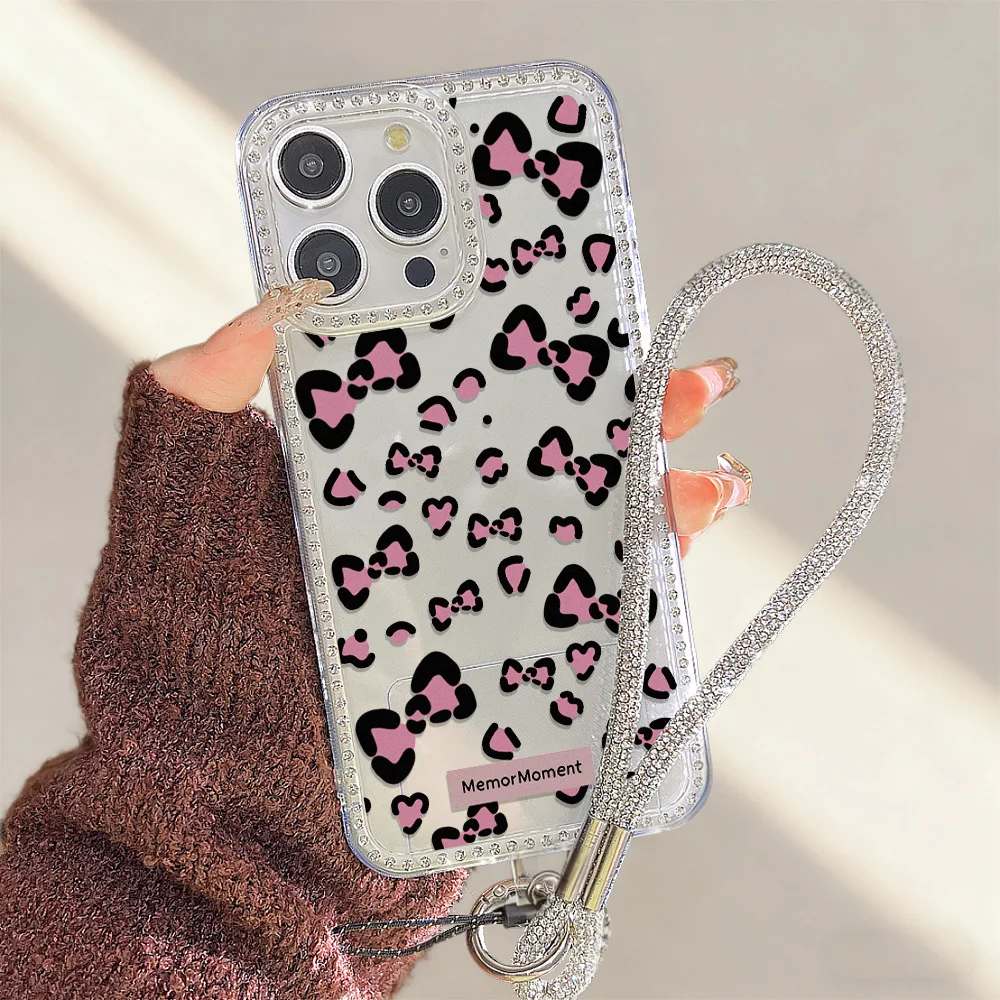 

Bling Phone Lanyard Diamond Case For iPhone 17 Fundas iPhone 16 Pro Max 17 Air 15 14 13 12 11 Leopard Glitter Clear Soft Covers