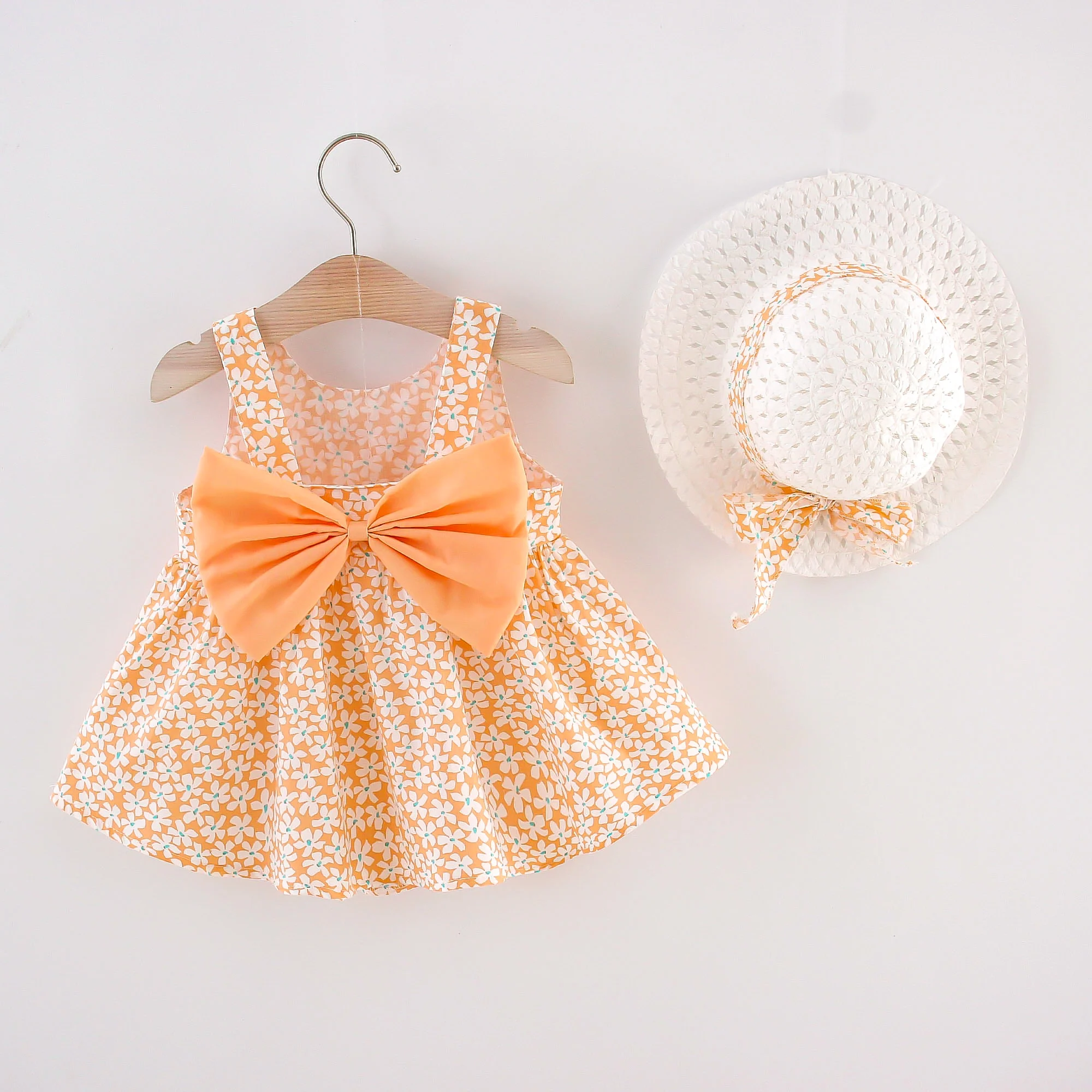 Two piece set of dresses and hats for summer girls Bow knot floral print with hat and suspender dress