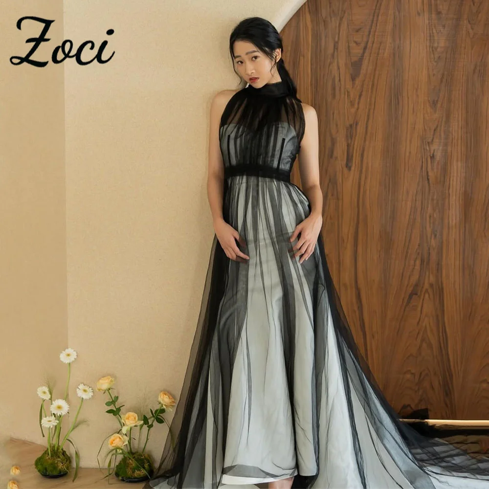 

Zoci Elegant High Halter Black Korea Evening Dresses Pleat Soft Tulle Photos Shoot Dress Customized Long Wedding Reception Gown