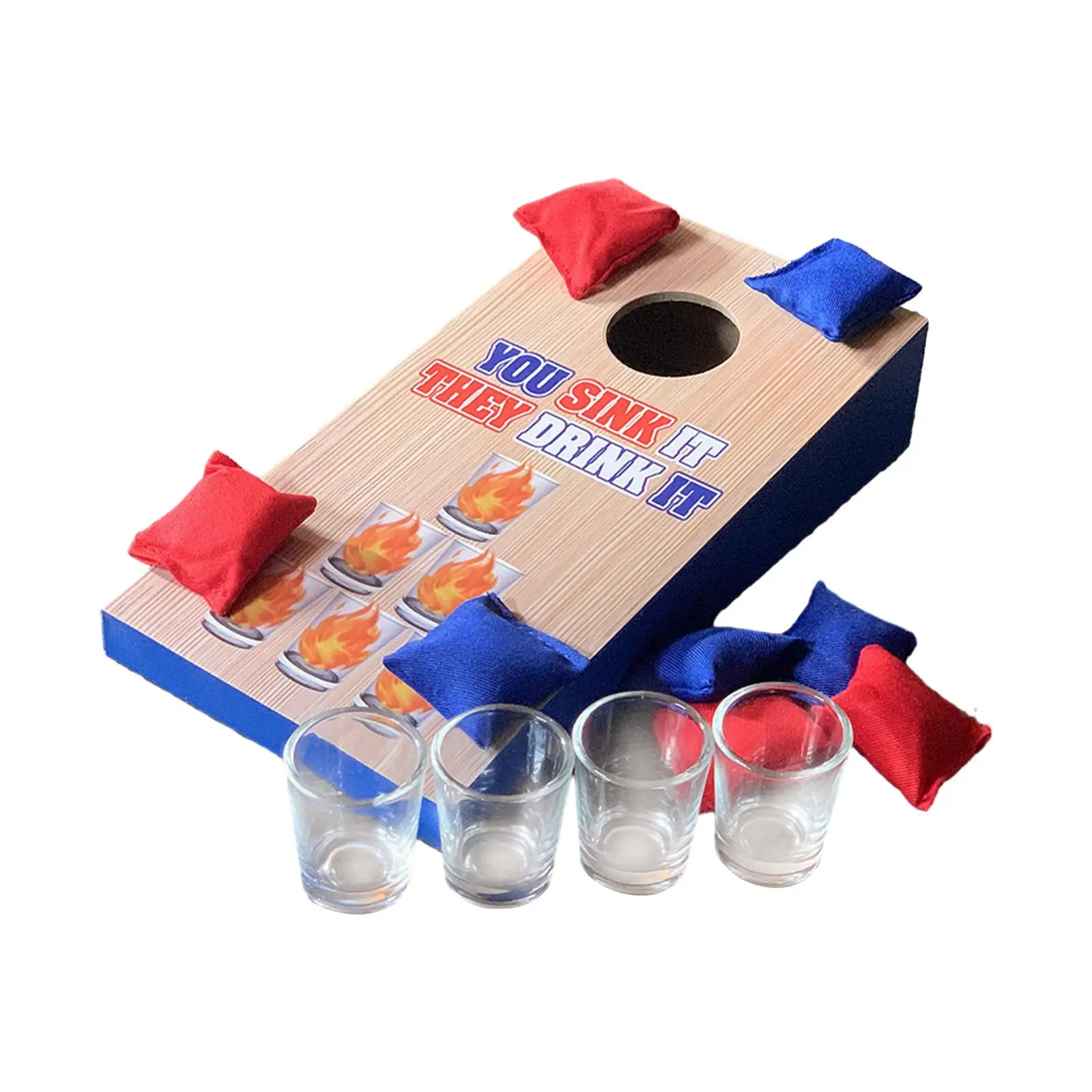 Cornhole Toss Party Drinking Game Early Educational Toys with 4 Cups Sandbag Throw Game Wooden Outdoor with Sandbag Club Toy