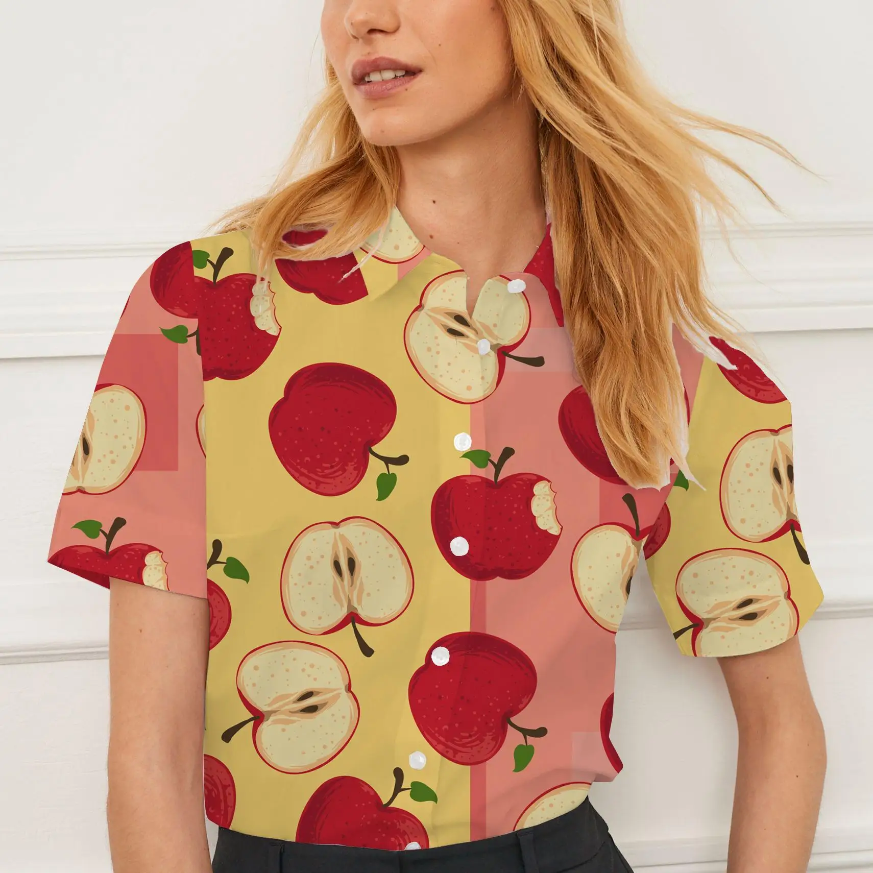قميص نسائي صيفي كاجوال بأكمام قصيرة وطباعة فاكهة على الموضة للسيدات كاجوال