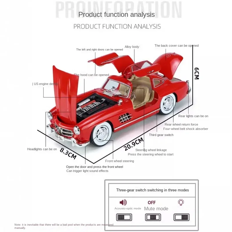 Simulation 1/24 Benzs 300SL Vintage Classic Car Model With Sound Light Children Diecast Toy Vehicle Boy Gift Collective Voiture