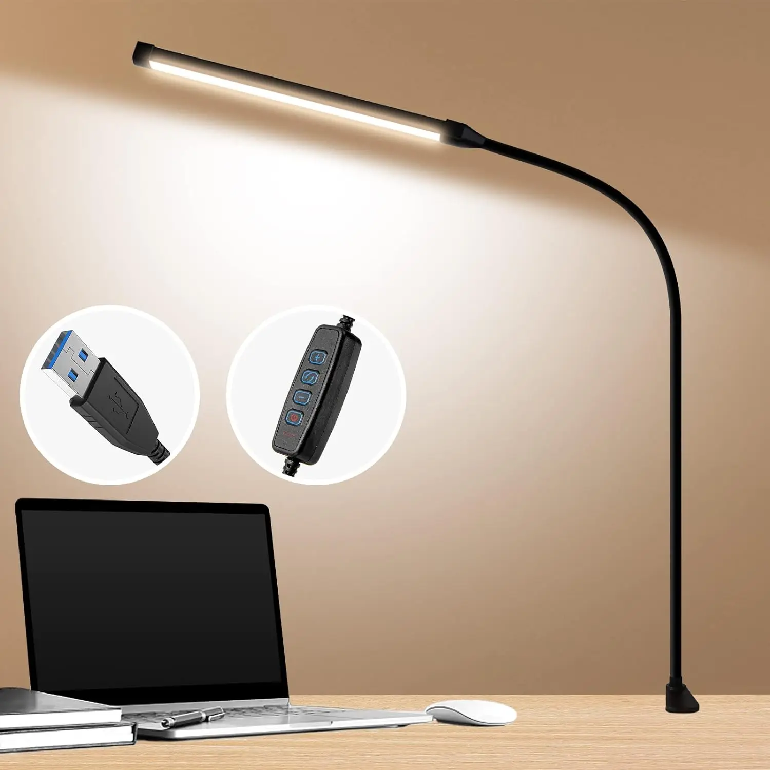 B LED Desk Lamp com braçadeira, Eye-Caring Clip sobre luzes para Home Office, 3 modos, 10 brilho, gooseneck longo flexível, metal