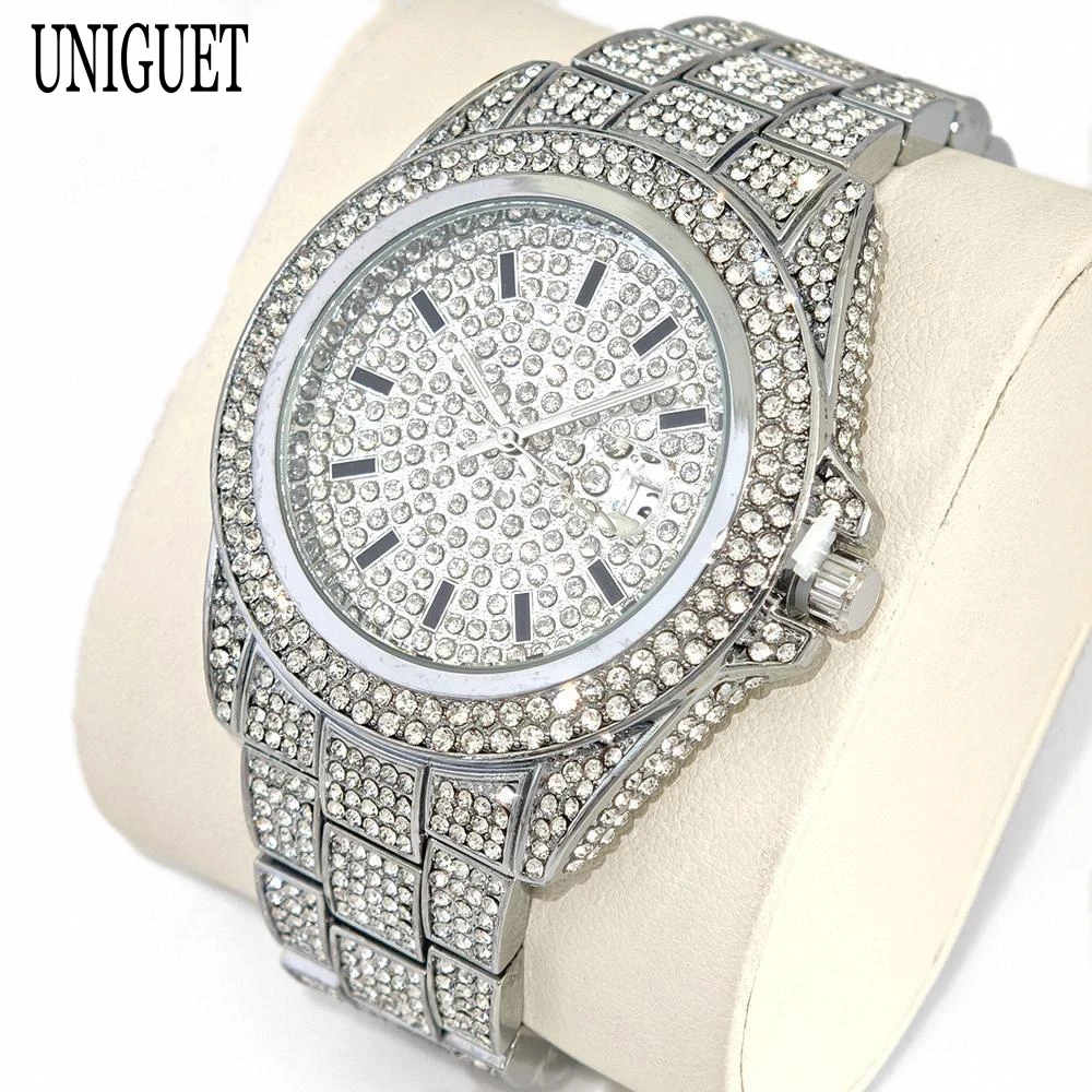 Hot Fashion Ice Watch for Men Brand UNIGUET Hip Hop Man Full Diamond Jewelry Wristwatch With Calendar Dropshipping