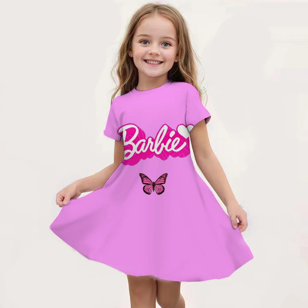 MINISO New Summer Girl Barbie Princess Print Dress Party Fashion Dress Birthday Gift Girl and Children\'s Cospaly Clothing