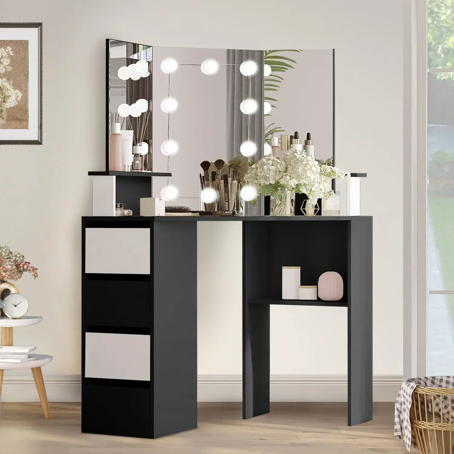 Corner Vanity Desk With Lighted Mirror And 4 Drawer Makeup Dressing Table