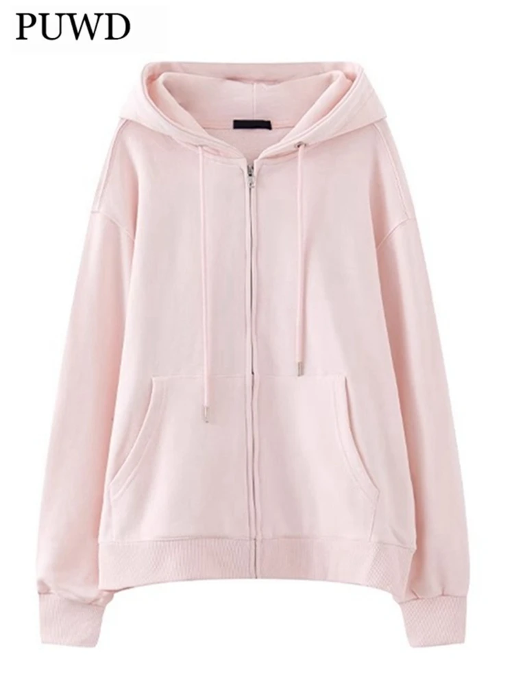 PUED Casual Women Pink Solid Loose Sweatshirts 2023 Autumn Sweet Pocket Hooded Long Sleeve Coats Female Chic Zipper Outwears