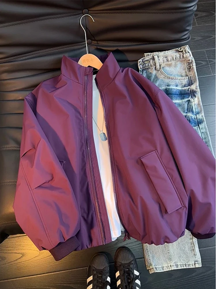 

Фиолетовая американская куртка-бомбер для мужчин, весенняя, приталенного силуэта, с воротником-стойкой, верхняя одежда в стиле бейсбольной формы