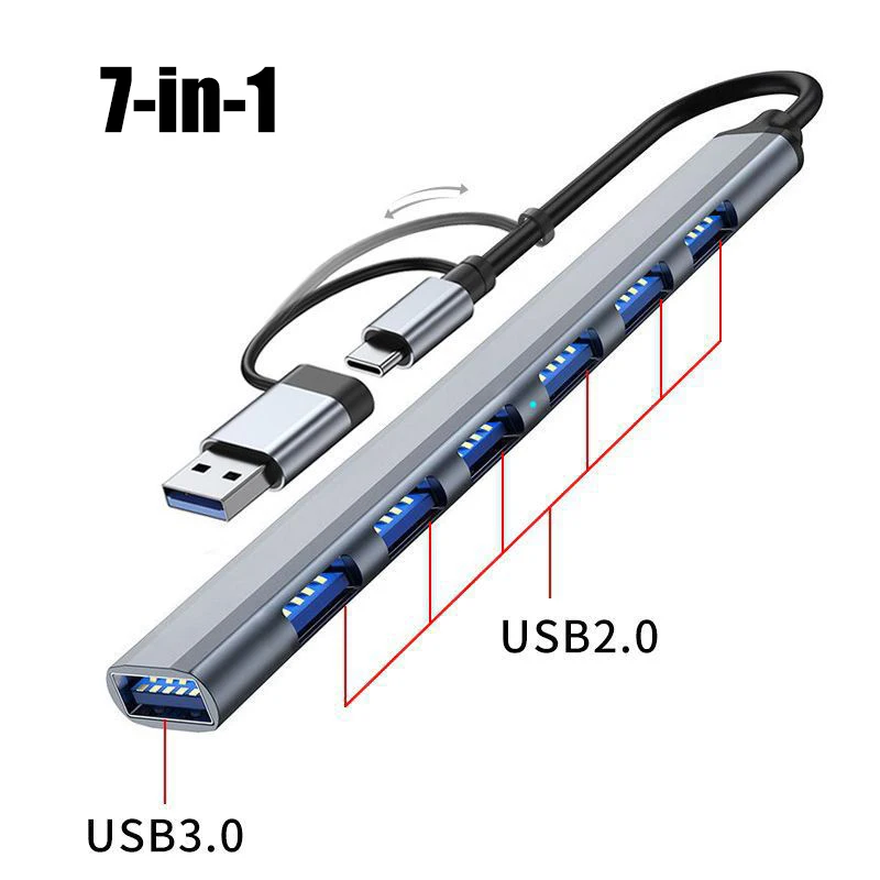PC 노트북용 USB C 타입 고속 멀티 분배기, 7 포트, 5Gbps 고속 데이터 변속기, 멀티 포트, USB A 허브 포트