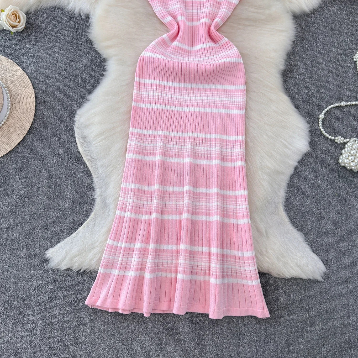 Pink Stripe O-neck Knit Elastic Bodycon Dress Sexy Beach Vacation Slim Sundress Women Casual Pencil Vestidos Maxi Long Dress