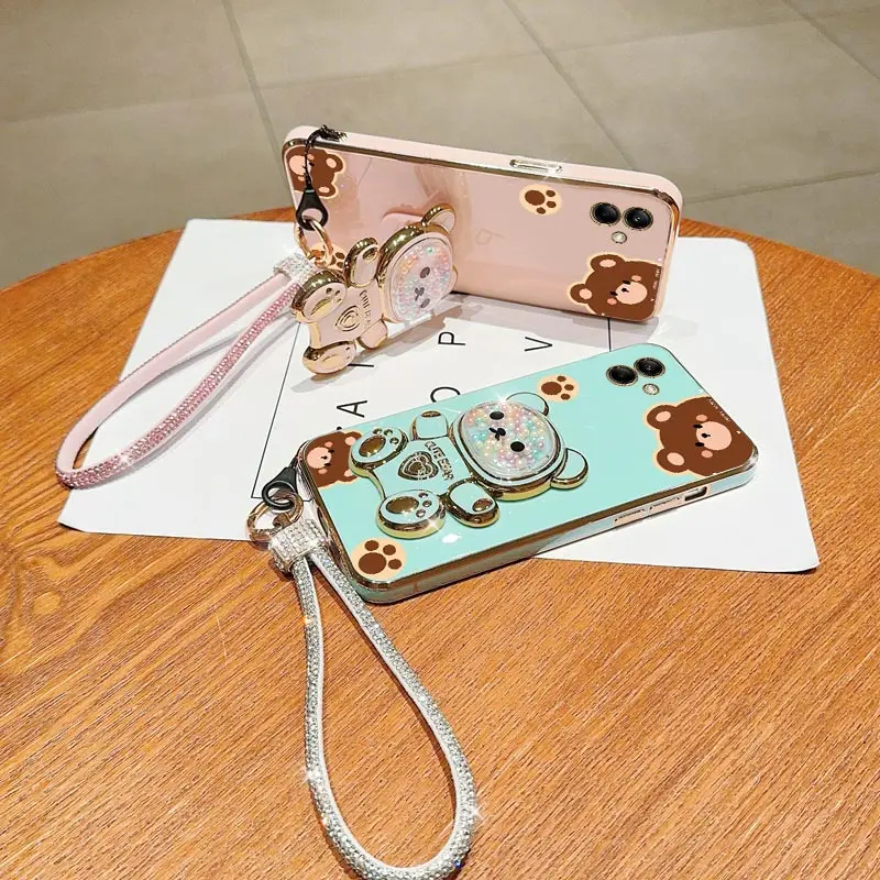 Diamond Wrist Strap Cute Bear Phone Holder Case On For Samsung Galaxy A02 A02S A03 A03S A04 A04E A05 A05S A06 Stand Back Cover