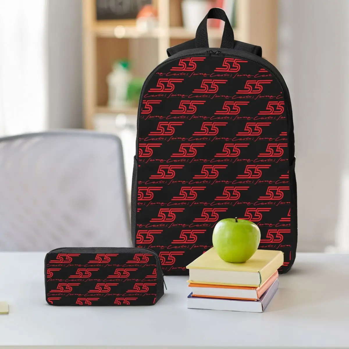كارلوس ساينز جونيور F1 توقيع الرسم الظلام على ظهره طالب بنين بنات BookBag حقيبة مدرسية 3ps معزول حقيبة الغداء مقلمة