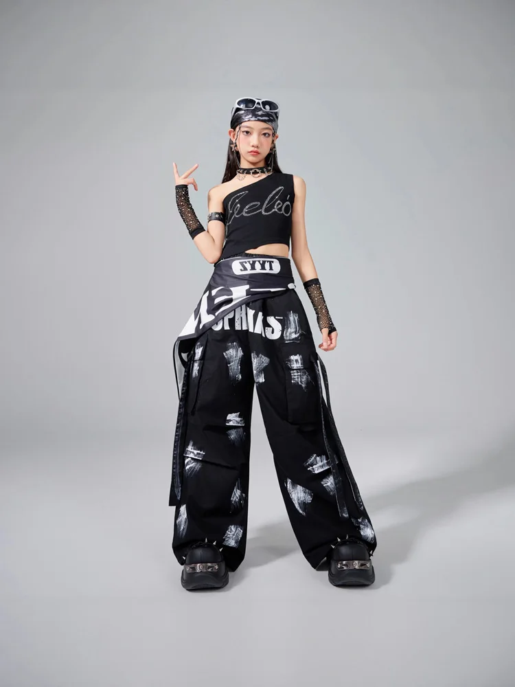 Fantasia de dança jazz para meninas, colete preto, calças largas, conjunto de grupo, hip hop, performance, concerto, passarela, palco