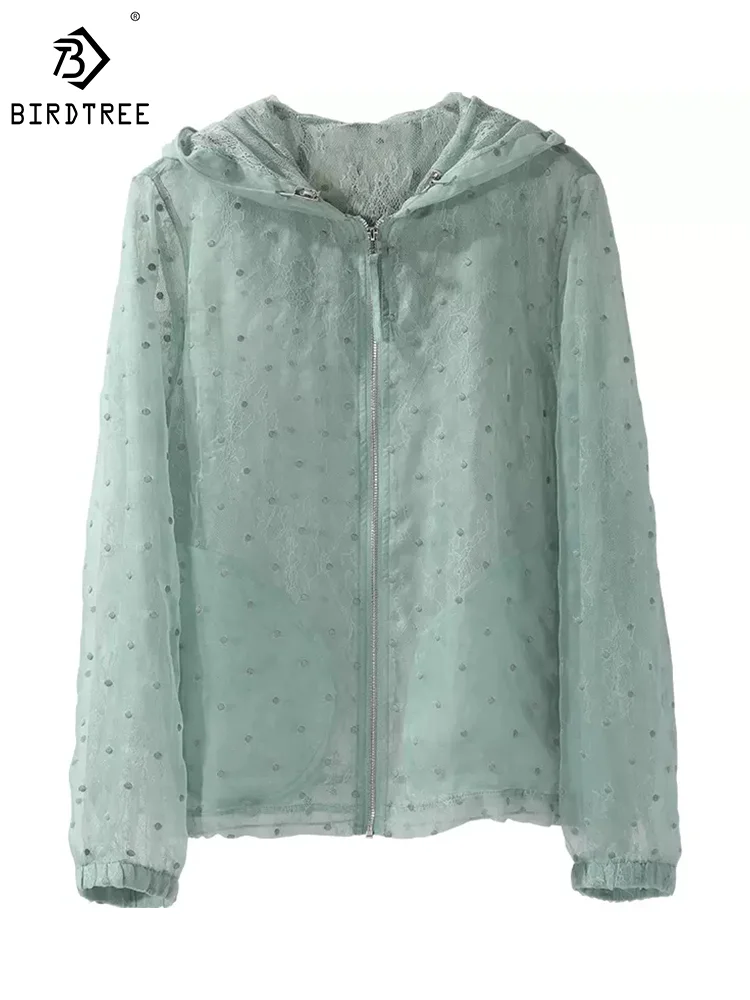 

BirdTree 100%Real Silk New Sunscreen Shirt, Organza Women's Polka Dots Hooded Thin Jacket, 2024 Spring Summer Short Top C43947QM