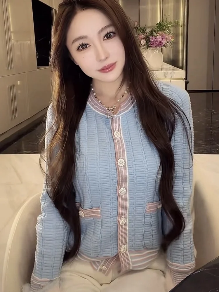 

Нежный романтический сине-розовый вязаный кардиган с рукавами-колокол для женщин: мягкий, удобный, дышащий, для повседневной носки