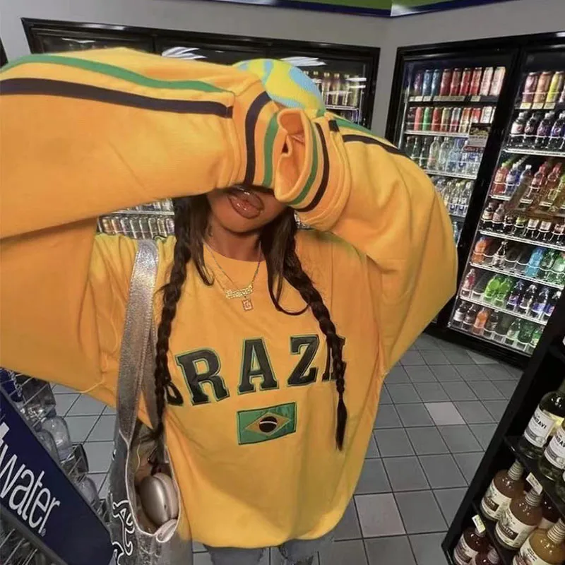 2000s Women Man Autumn Brazil Flag Yellow Oversized Hoodies Y2k Aesthetic Long Sleeve Pullover Top Vintage Sweatshirt Streetwear