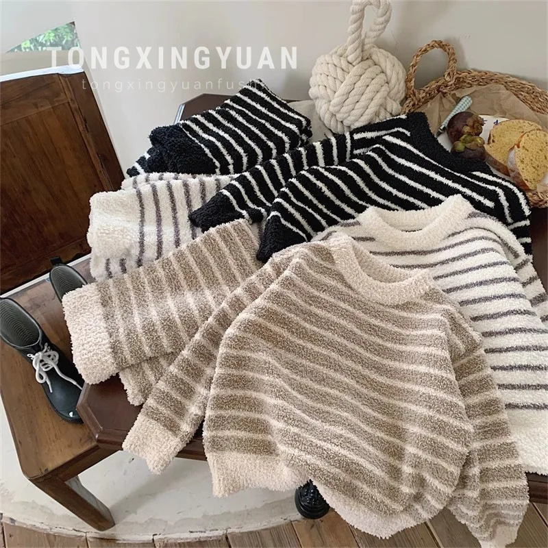 Korean Autumn Winter Childrens Girls 2PCS Homewears Set Simple Striped Warm Soft Kid Baby Girls Pajamas Toddler Girls Sleepwear