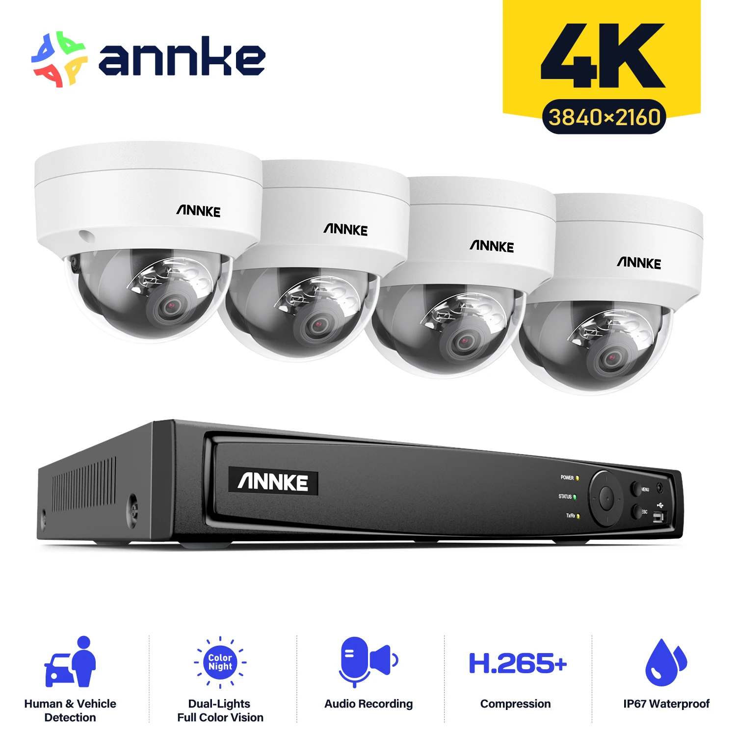 ANNKE H800-4K 8-Kanal 4-Kamera PoE-Sicherheitssystem, Personen- und Fahrzeugerkennung, eingebautes Mikrofon, Farb- und IR-Nachtsicht, RTSP-Unterstützung