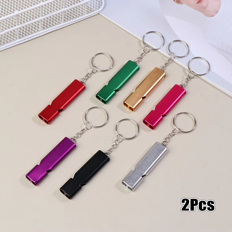 Sifflet de sécurité portable en aluminium, double tuyau, porte-clés, haut décibel, extérieur, camping, multifonction, survie, 2 pièces