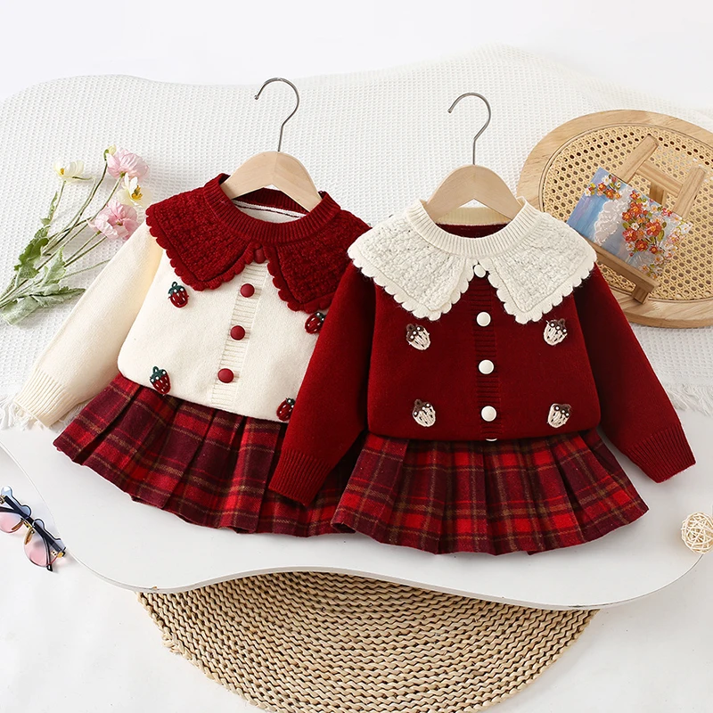 

2025 New Autumn Winter 2-6Yrs Baby Girls Clothing Set Long Sleeved Knitted Cardigan+Short Skirt Children Knitted Clothes Suit