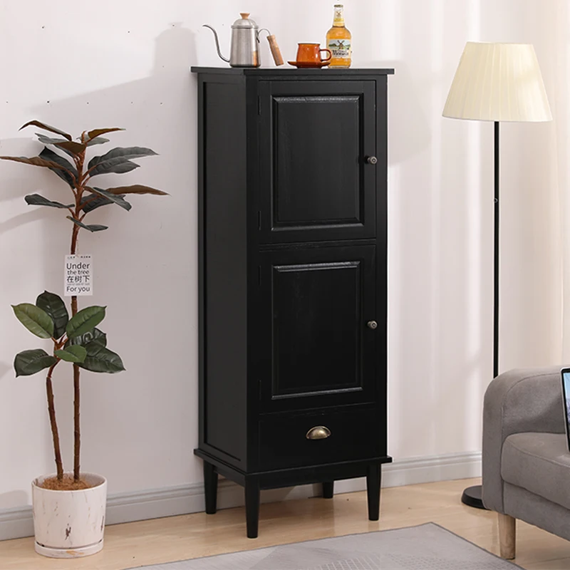 

Bucket cabinet, side cabinet, solid wood, simple retro storage, locker, wine cabinet, living room against the wall, black, small