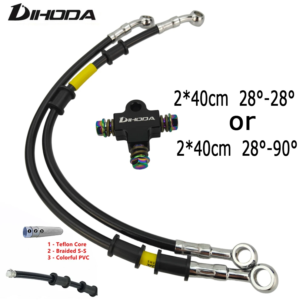 3 Way Brake Splitter With 2 Braided Steel Hydraulic Brake Line 28°/90° Degree Banjo For Scooter Motorcycle Honda Yamaha Suzuki