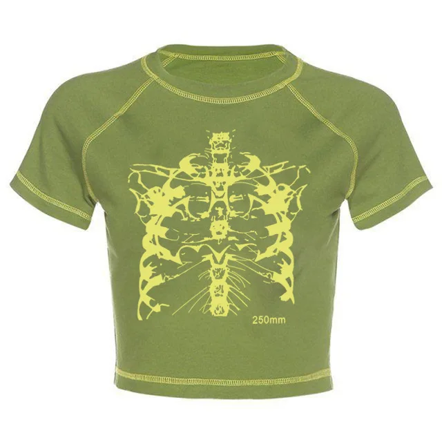 เสื้อยืดผู้หญิงลายหัวกะโหลกสวยงามสไตล์ยุโรปและอเมริกาทรงกลม Ne ort Sve Slim Fit Summer Faion พิมพ์ลายด้านบน