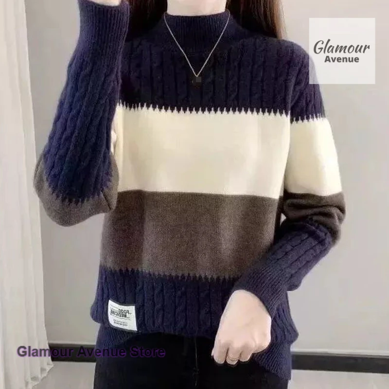 

Korean striped semi-turtleneck sweater long-sleeved women's autumn and winter loose western-style bottoming shirt casual top