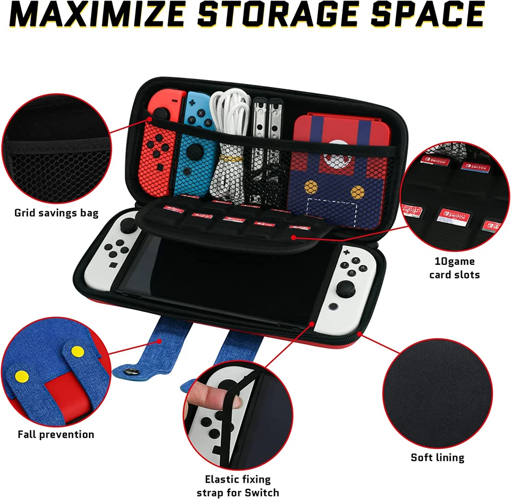 EVA-Aufbewahrungsschalter-Hülle, kompatibel mit Nintendo Switch/OLED, niedliche tragbare Switch-Tragetasche mit 10 Spielhaltern für Mario – Detail 11