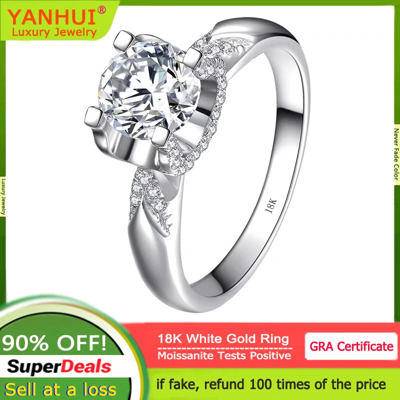 

YANHUI High Quality 18K White Gold Ring Round 1ct Diamond Moissanite Ring Anniversary Wedding Band Gift for Women