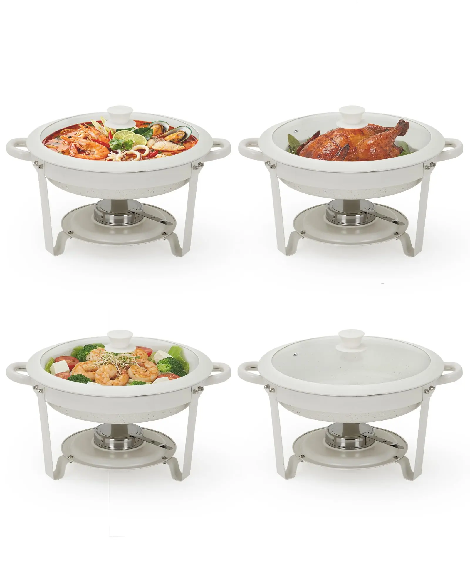 Maifanite-Coated Round Chafing Dish Set - 5.3QT Nonstick Buffet Food Warmer - Glass Lid & Silicone Seal - Stackable Stainless Steel Frame for Catering, Parties & Weddings