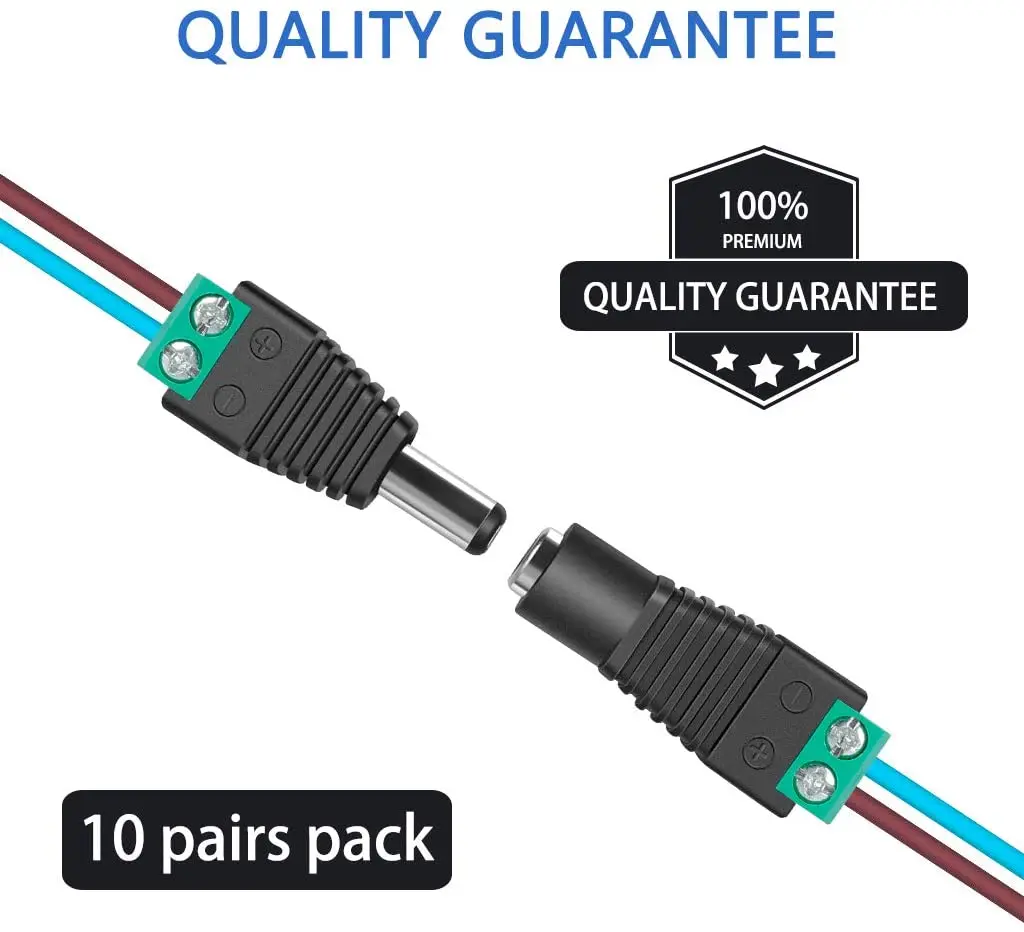 12V DC Power Connector 5.5mm x 2.5mm Power Jack Adapter 10/50/100 Pairs For Led Strip CCTV Security Camera Wire Ends