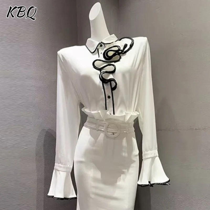 

KBQ Spliced Ruffles Loose Chic Blouse for Women Lapel Flare Long Sleeve Patchwork Button Design Sense Shirt Female Fashion Style