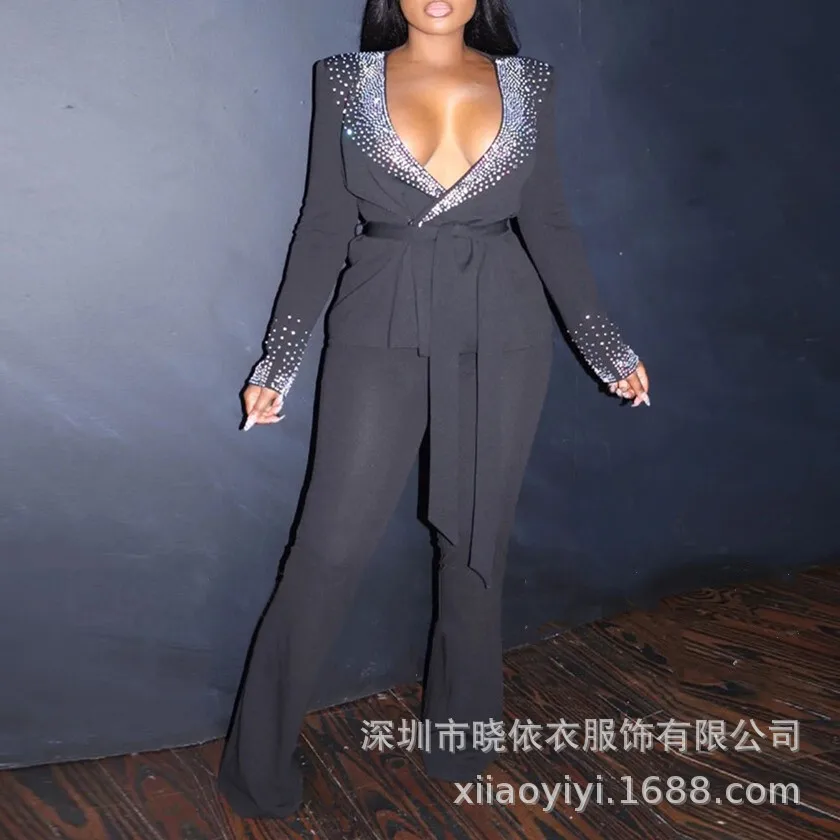 

Temperament Commuting Autumn/Winter New Style Hot Diamond Belt Slimming Coat Women's Pants Set