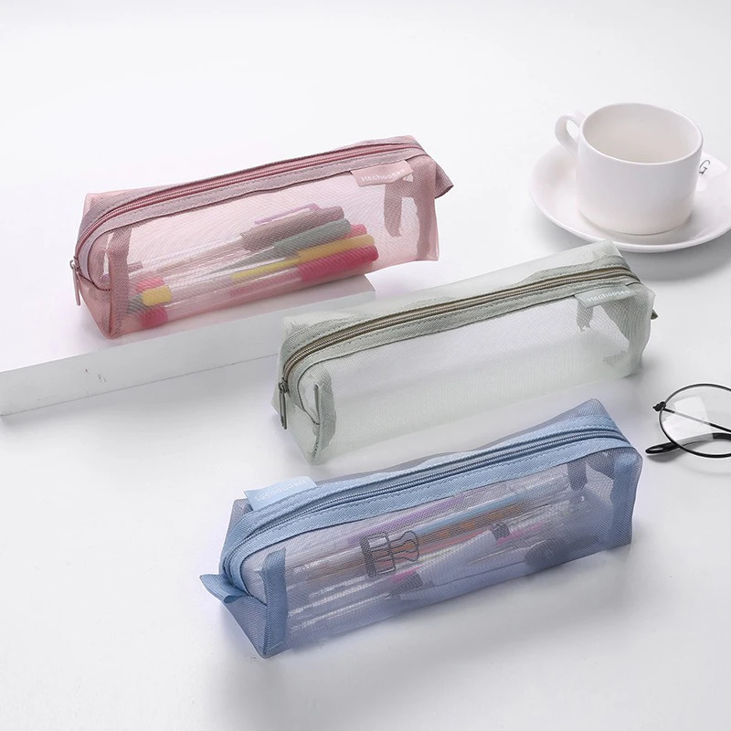 Large Capacity Translucent Mesh Pen Pouch, Portable See Through Stationery Bag, Daily School Study Supplies