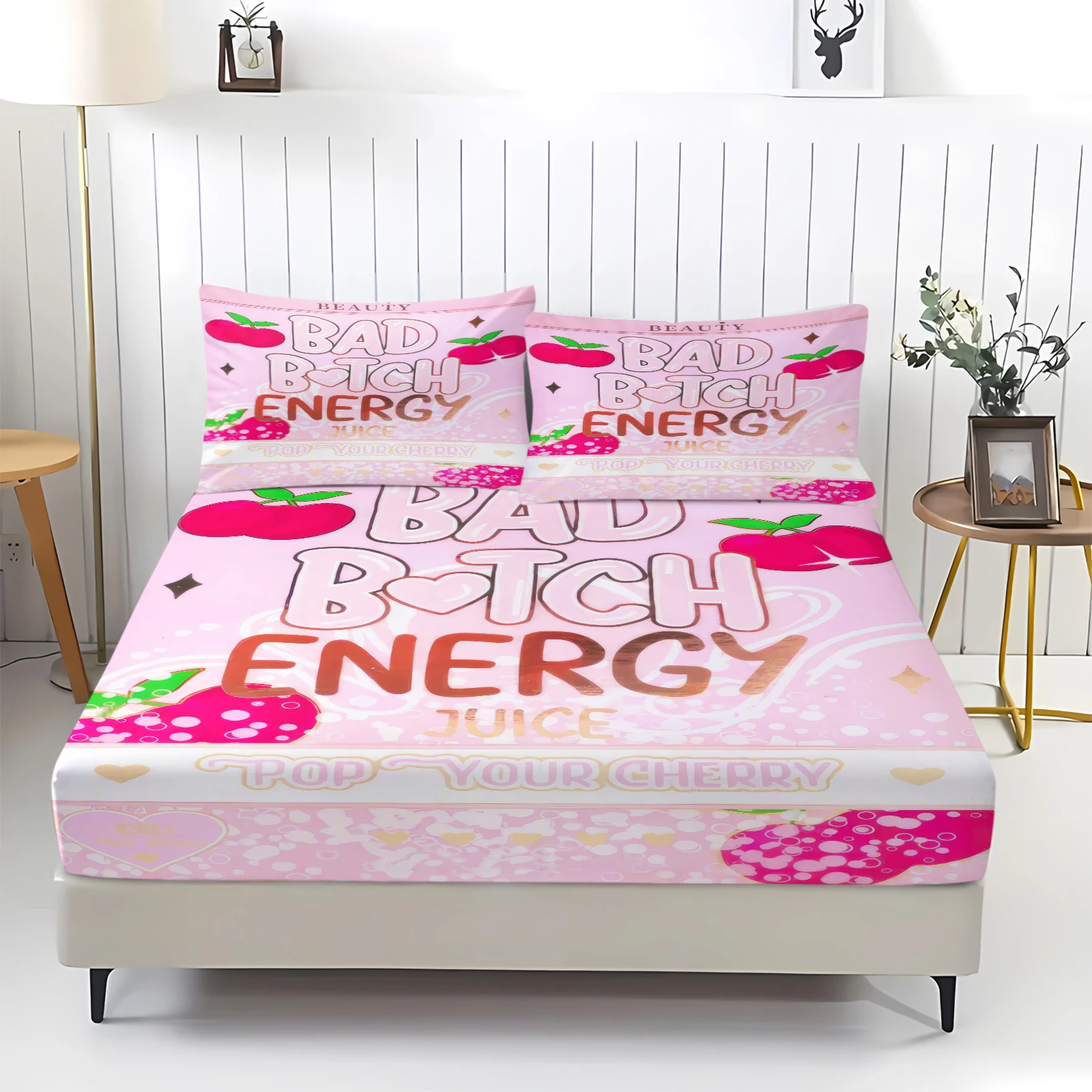 Cute Cherry Fruit Bubble Fitted Sheet Set 3Pcs Pink Heart Sparkle Pattern Bedding Set Deep Pocket Bed Sheet with 2 Pillowcases