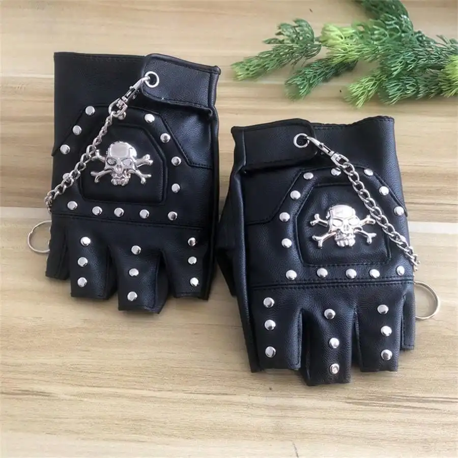 Skulls Rivet PU Leather Fingerless Gloves Men Women Fashion Hip Hop Women\'s Chain Punk Gloves Half Finger Men\'s Gloves