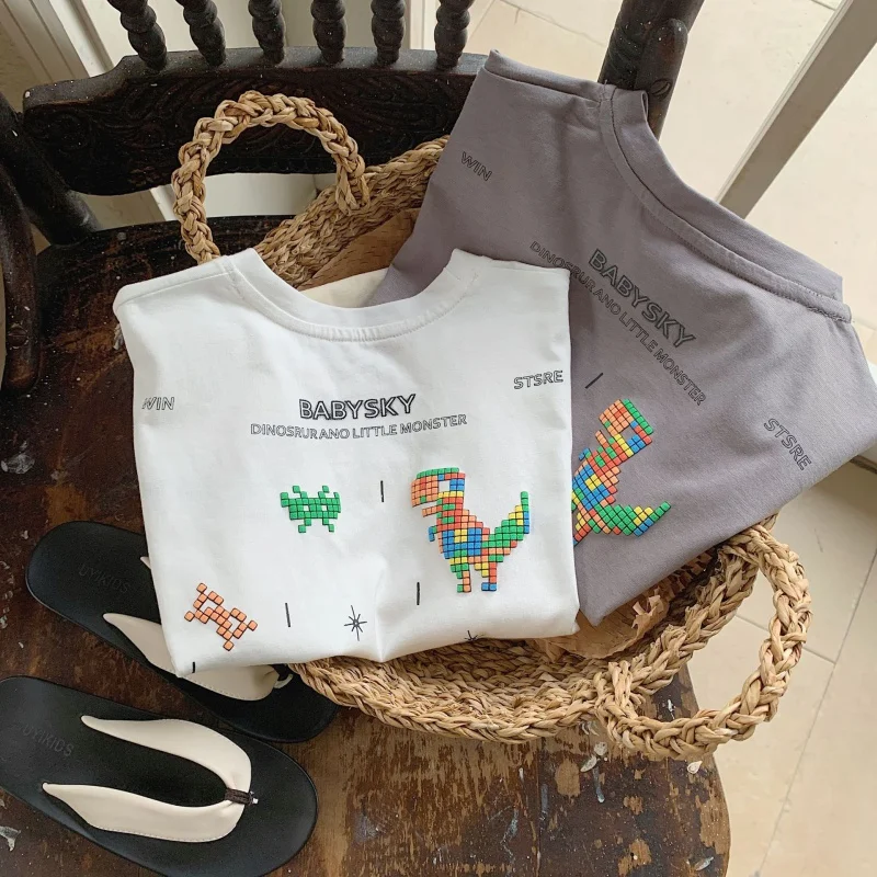 ChildrenTT-shirt2024Summer New Rainbow Dinosaur Boy ShortTChildren's Cartoon Printed Short Sleeve G0125-WS