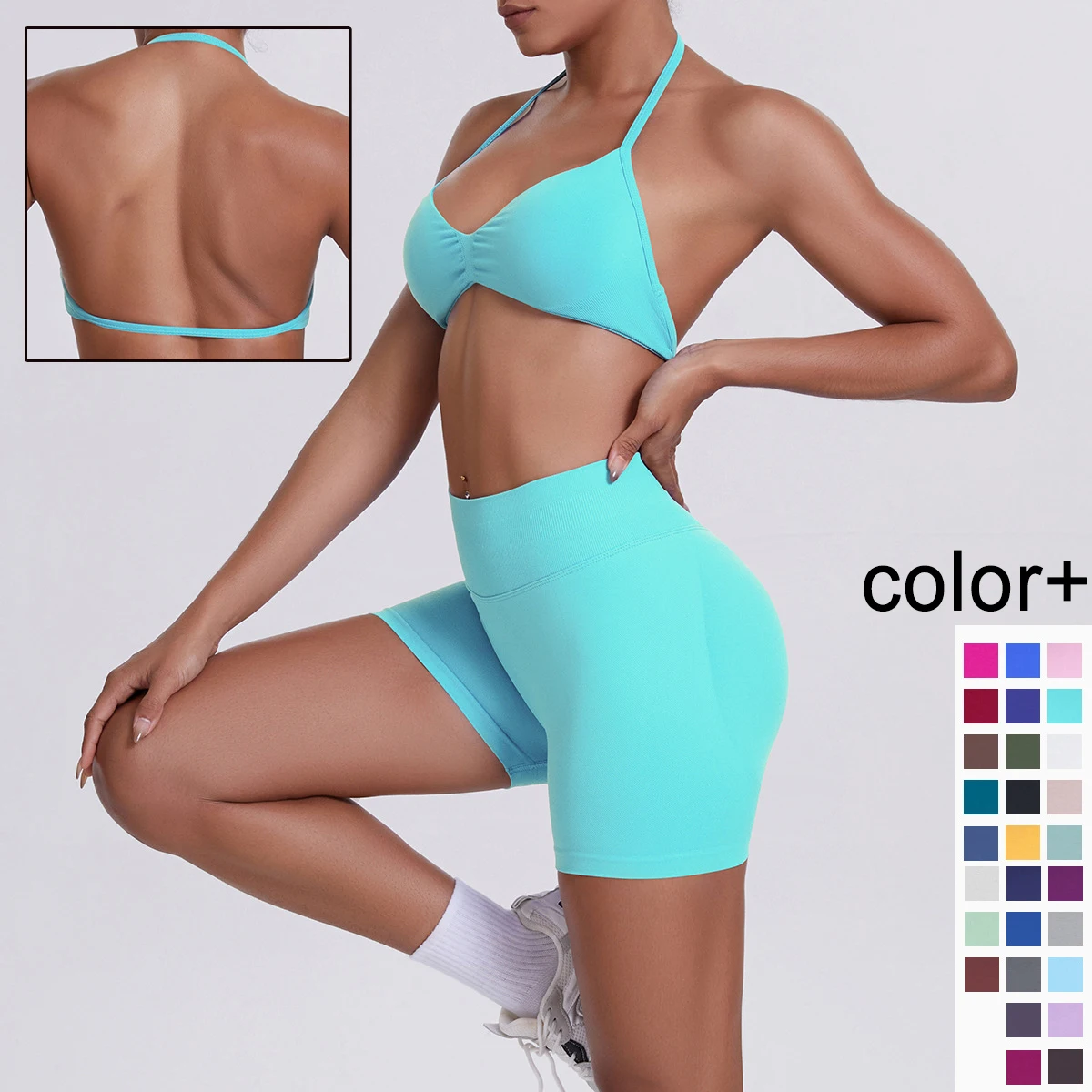 

Sexy Solid Color Yoga Bra Shorts Set Summer Breathable Gym Workout Top Seamless High Waist Quick-Dry Yoga Shorts Sports Yoga Set