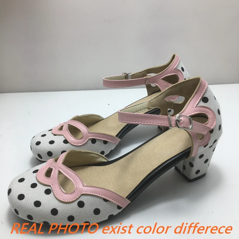 ASILETO Sweet Women Pumps Round Toe Block Heels 6cm Buckle Strap MIxed Color Dot Plus Size 41 42 43 Girls Concise Daily Shoes