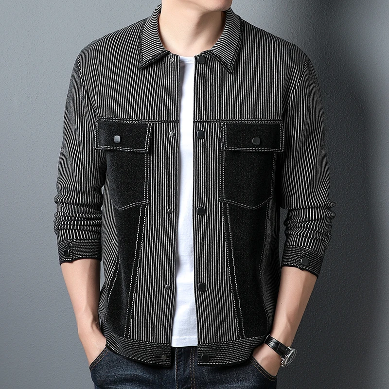 High quality autumn Lapel coat, men's fashion, versatile splicing, knitted cardigan, men's fashion, handsome work jacket