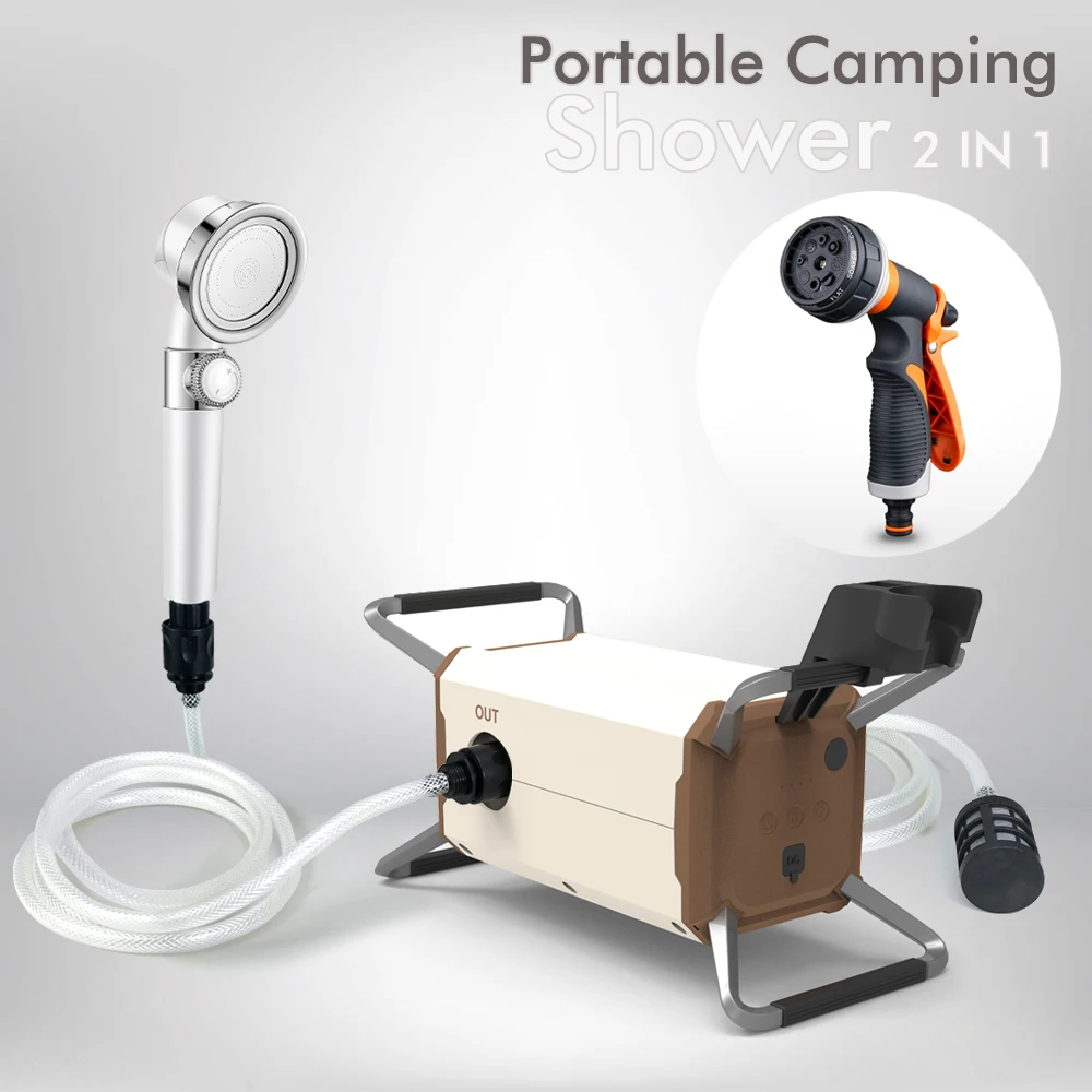 

Портативный многофункциональный уличный водяной насос для автомойки, душа на колесах с переключателем давления и ночным освещением для кемпинга