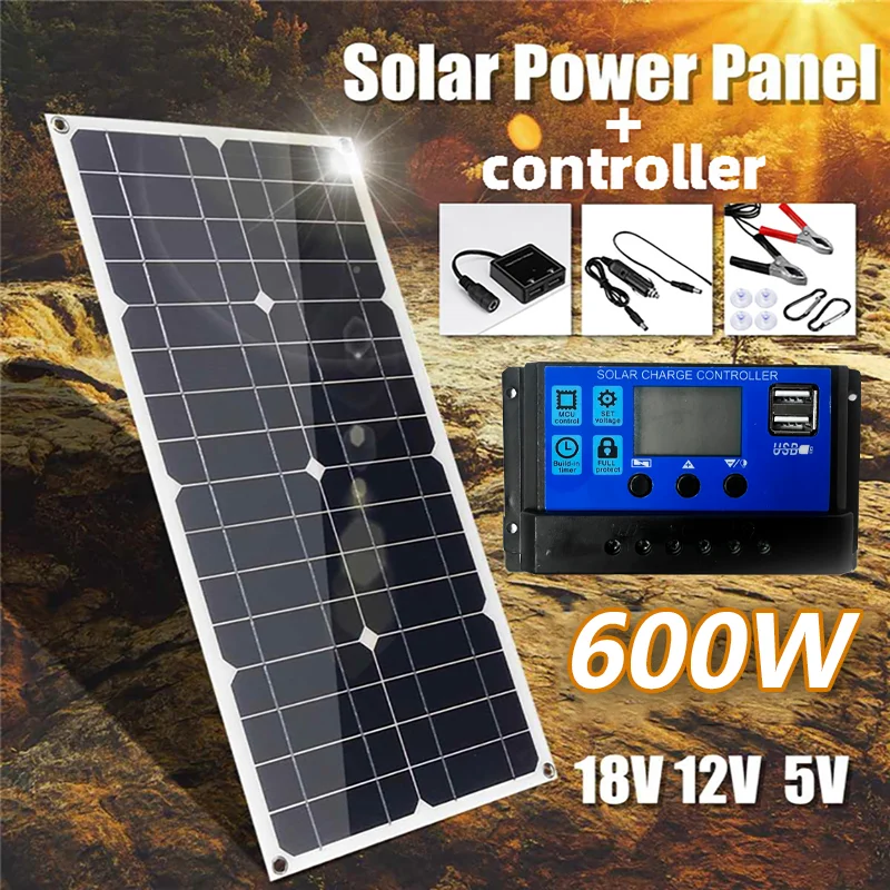 Panel Solar Flexible de 600W, Kit de células solares, controlador de 12V y 18V, placa Solar para Camping, RV, coche, cargador de batería rápido