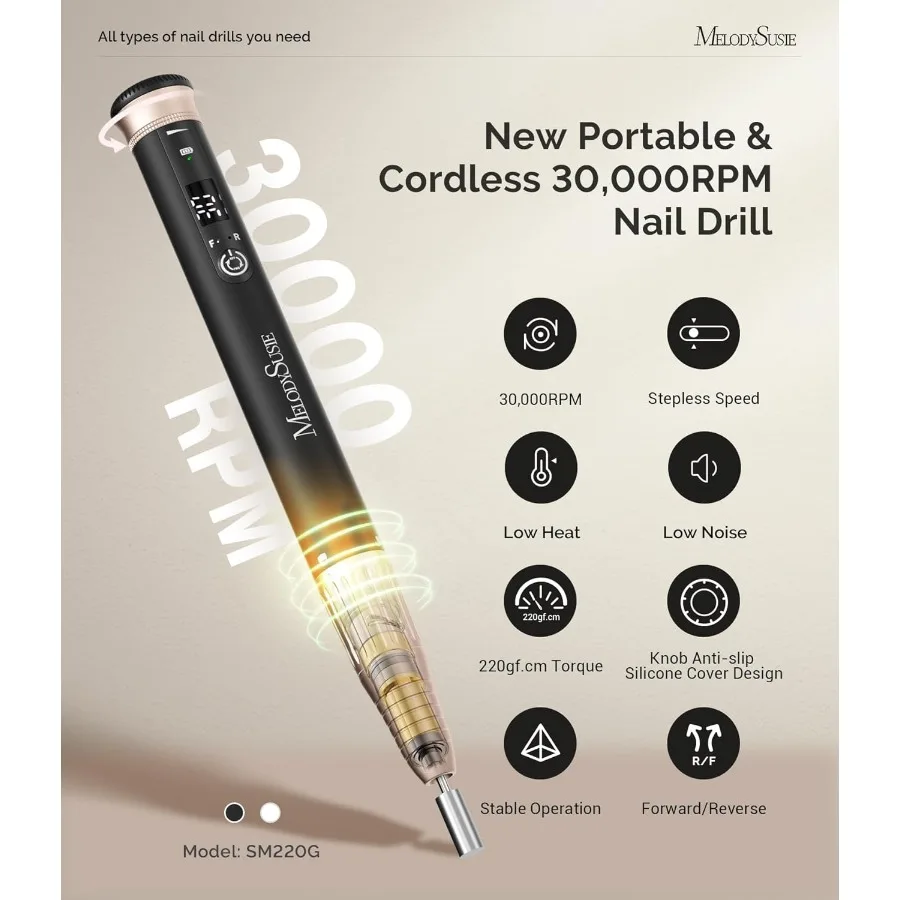مثقاب أظافر احترافي لاسلكي SM220G أسود 30 000 دورة في الدقيقة مبرد أظافر كهربائي محمول مع ضوضاء منخفضة واهتزاز منخفض بدون قلب M