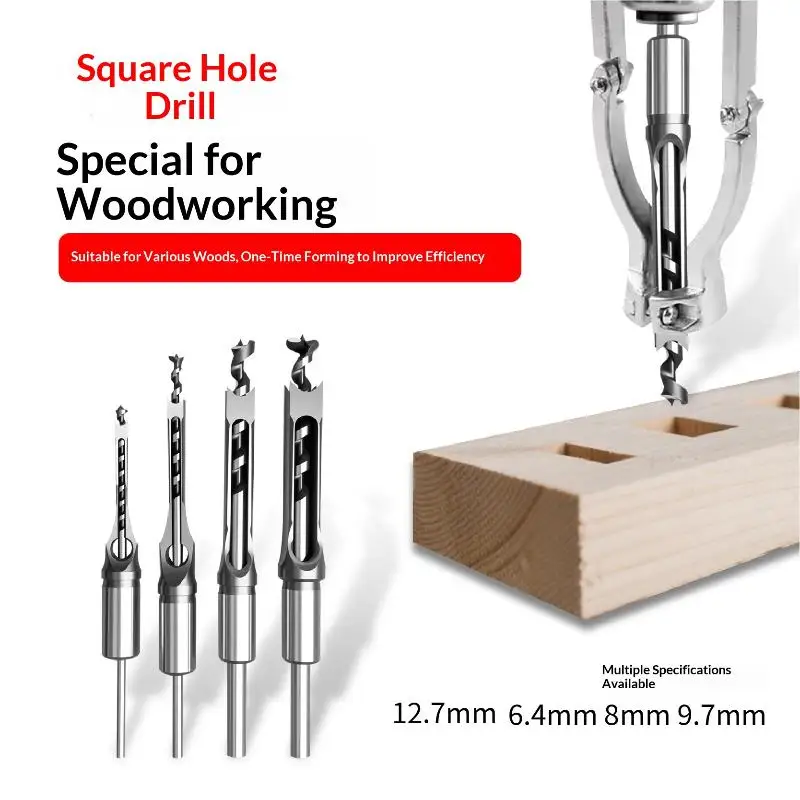 Durable Square Hole Drill Bits 6.4/8/9.5/12.7mm Portable Woodworking Mortising Chisel Adapter For DIY Woodworking Drilling Tools