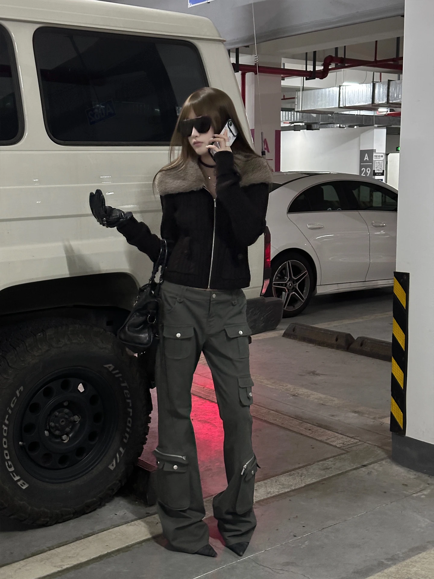 Low Waist Multi-Pocket Work Pants American Style Flared Casual Trousers for Women Cotton Stretchy Faux Leather Pants